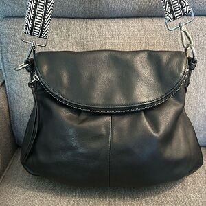 Margot Black Leather Women's Crossbody Bag with decorative strap
